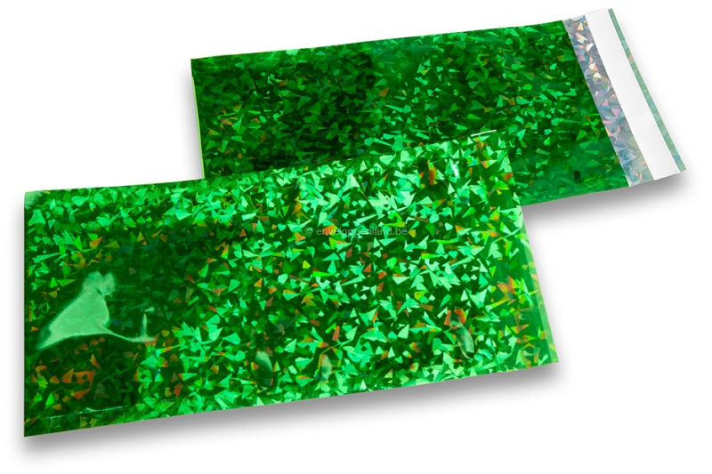Groen holografisch folie enveloppen gekleurd metallic - 114 x 229 mm